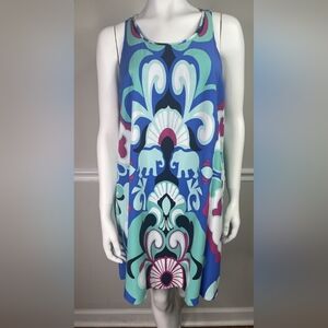 Crown & Ivy Blue Aqua White Elephant Patterned Trapeze Mini Dress